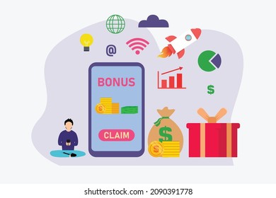 Bonus vector concept. Young man using a cellphone to claims bonus while sitting with money and present