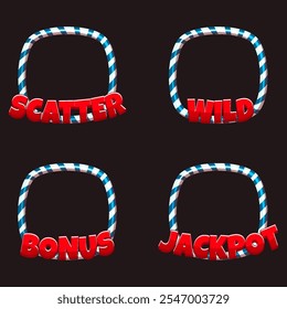 Bonus, Wild, Jackpot and Scatter Symbol Frames for Christmas Themed Slots. Candy cane frame collection. Christmas border with stripes set