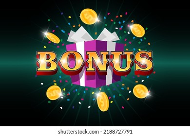 Bonus word with flying gold dollar coins and gift box on confetti background. Win prize celebration promo banner. Loyalty program or casino winning concept. Earn and money income vector illustration