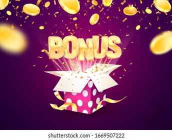 Bonus word flying from textured gift box and purple background. Winning prize vector illustration with falling down coins