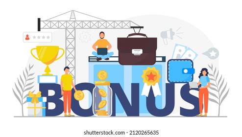 Bonus For Worker. Big Letters With Employees, Money, Winner Cup Employee, Teamwork Benefits Package Vector For Web, UI, Banner, Social Net Story.