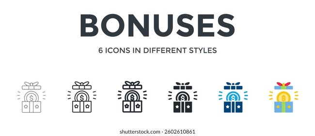 Bonuses Icon In Different Style Vector Illustration. Designed In Thin Line, Regular Line, Bold Line, Glyph, Color Fill, And Flat Style Can Be Used For Web