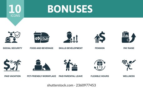 Bonos establecidos. Iconos creativos: seguridad social, alimentación y bebidas, desarrollo de aptitudes, pensiones, aumento de sueldo, vacaciones pagadas, lugar de trabajo favorable a las mascotas, licencia parental remunerada, horarios flexibles, bienestar.