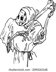 Bony death playing on bones like a violin sketch vector illustration hand draw