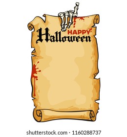 
Bony hand of skeleton holds old paper scroll, text Happy Halloween. Ancient parchment with stains of blood, copy space. Vector holiday background for banner, poster, greeting card, party invitation