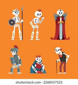 Bony Skeleton Character in Different Pose and Action Vector Set