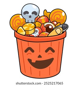 A boo basket or candy basket filled with Halloween candy and chocolate