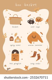 Boo basket concept card. Happy Halloween basket list cozy autumn elements poster. Fall decor treats. Cute cups, warm sweater, cozy socks, pumpkin spice candles and cosmetic set. Cartoon style vector