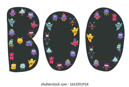 BOO - big dark word with cute monsters. Smiling colorful creatures on dark background. Large black letters with cartoon characters. Spooky print. Funny vector aliens design