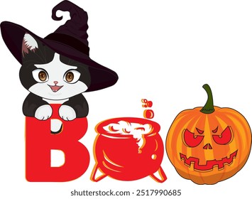 boo black cat witch pot pumpkin text art