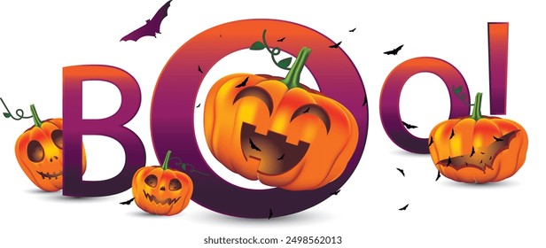BOO! calligraphic text design with bat, Boo vector pumpkins. Silhouette of Halloween message isolated on white background. Halloween card. Illustration by BOO