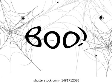 Boo calligraphy pattern with Halloween black scary spider and cobweb on white background. Isolated cartoon spiderweb element  