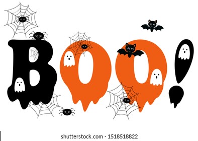 BOO! calligraphy text design with bat, spider, ghost and net with Boo vector sign. Halloween message silhouette isolated on white background. Cartoon Halloween greeting card. Illustration BOO