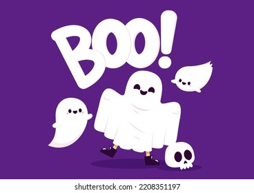 BOO! calligraphy text design with bat, spider, ghost and net with Boo vector sign. Halloween message silhouette isolated on white background. Cartoon Halloween greeting card. Illustration BOO.