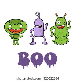 Boo card with three funny monsters. Illustration in vector format