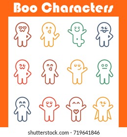 Boo Characters. Monster big set. Happy Halloween card. Cute cartoon scary character. Different emotion. Baby collection. Black background Isolated.