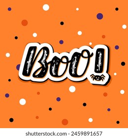 Boo color lettering on textured background. Hand drawn spooky promotional vector illustration with text decor for poster or card. Advertising hand drawn Halloween text for holiday banner or concept