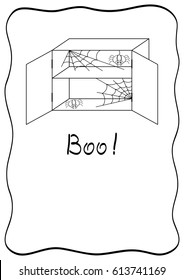 Boo - comic postcard with spider. Design template for postcards, cards, greeting cards, posters, cover. Black isolated on white background. Vector 
illustration.