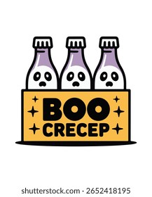 Boo And Creep Beer Bottles Vector Funny Halloween Party Design for T-Shirts, Bar Decor, Mugs, And Digital Prints. Spooky Drink Art