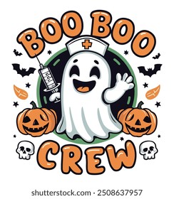 Boo Boo Crew Funny Groovy Hippie  Nurse Ghost Halloween vector t-shirt. Nursing Ghost Boo, RN Nurse Halloween