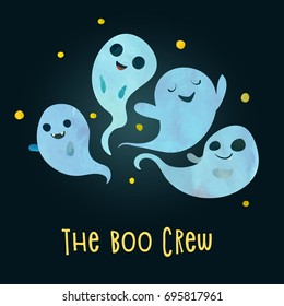 Boo crew. Group of very scary and noisy ghosts are ready to hunt party. Children cartoon style. Poster or postcard design. Watercolour imitation