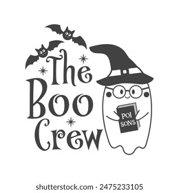 La cita del Vector de Halloween de Boo Crew. Linda Ilustración vectorial fantasma.  Halloween embrujado, boo espeluznante. Feliz cita de Festiva divertido diseño aislado sobre fondo blanco.