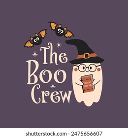 La cita del Vector de Halloween de Boo Crew. Linda Ilustración vectorial fantasma. Halloween embrujado, boo espeluznante. Feliz cita de Festiva, diseño divertido.