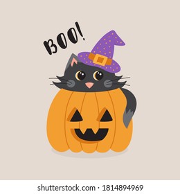 Boo! cute cat in pumpkin vector illustration greeting card  Graphic drawing black cat and witch hat inside carved pumpkin  and text  Isolated 