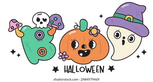 Boo with Cute ghost clipart pumpkin and B alphabet Groovy Halloween. Series: Retro cartoon kawaii drawing (trick or treaters) Kids party. Perfect make a wish for background, greeting card, pattern.