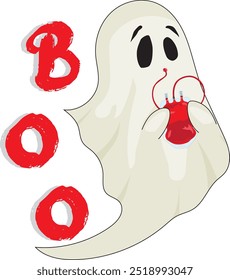 Boo cute ghost drinking blood with blood bag