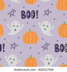 Boo! Cute halloween pattern with funny ghost and pumpkins illustrations. Hand drawn illustration isolated on purple.