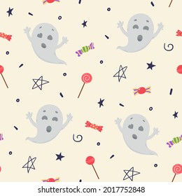 ¡Boo! Un lindo patrón de halloween con un bonito fantasma. Ilustración vectorial dibujada a mano aislada en amarillo.