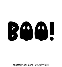 Boo - cute vector Halloween saying with ghost, spider and cobweb isolated on white. Groovy Halloween phrase and quote for holiday design, stickers, prints. Trendy vector saying
