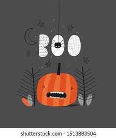 Boo: doodle vector illustration with cute pumpkin for halloween. For autumn greeting cards, t-shirt prints, scrapbook. Fashion baby print in orange, gray and black colors.