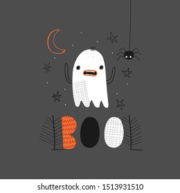 Boo: doodle vector illustration with cute  ghost for halloween. For autumn greeting cards, t-shirt prints, scrapbook. Fashion baby print in orange, gray and black colors.