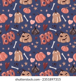 boo! endless vector pattern for halloween on a blue background. different elements: pumpkins, stars, inscriptions, bones and hearts. cute scary drawing for holiday design