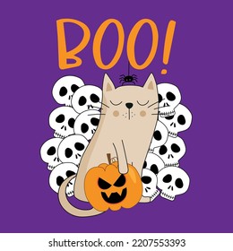 Boo - funny cat with skulls, spider and pumpkin. Isolated on purple background. Good for T shirt print, poster, invitation card, label and other decorattion for Halloween.