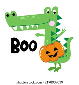 Boo - Funny Vector Quotes And Crocodile Drawing. Lettering Phrase For Halloween Party. Cute Alligator Character Illustration On Isolated Background.