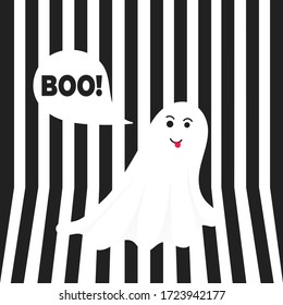 Boo ghost halloween message concept. Flying halloween funny spooky ghost character say BOO with text space in the speech bubble vector illustration isolated on black striped background.
