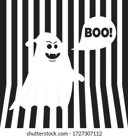 Boo ghost halloween message concept. Flying halloween funny spooky ghost character say BOO with text space in the speech bubble vector illustration isolated on black striped background.