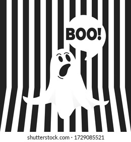 Boo ghost halloween message concept. Flying halloween funny spooky ghost character say BOO with text space in the speech bubble vector illustration isolated on black striped background.