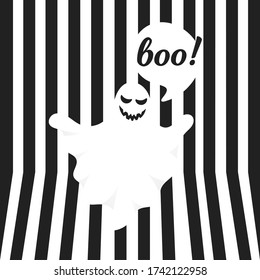 Boo ghost halloween message concept. Flying halloween funny spooky ghost character say BOO with text space in the speech bubble vector illustration isolated on black striped background.