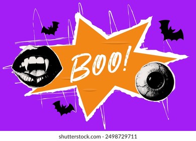 Boo half tone Halloween collage, cut paper, blank space. Trendy vector 