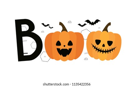 boo. Halloween. Autumn, Fall. Cute vector card with pumpkins, bats and geometric details. Jack o lanterns