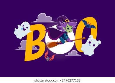 Boo Halloween banner with cute funny witch flying on broom. Vector Halloween horror holiday card with cartoon witch, ghosts and bats characters on midnight sky background with full moon and clouds