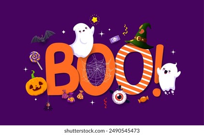 Boo Anuncio de Halloween con personajes fantasmas kawaii divertidos y dulces de vacaciones, fondo de Vector. Noche de horror de Halloween y truco o trato calavera de caramelo, piruleta de ojos y caramelos de monstruo en telaraña