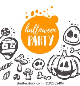 Boo! Halloween card concept design. Lettering. Celebration motivational slogan. Hand drawn vector illustration. Can be used for sticker, badge, poster, banner, party invitation, decoration, flyer.