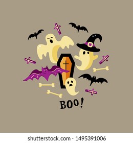 Boo! Halloween card with ghosts. Flat style vector illustration. Great for party invitation, flyer, greeting card, web, postcard.