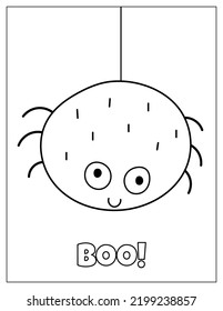 Boo Halloween coloring page with a cute spider hanging on a web. Kids print for coloring book. Vector illustration