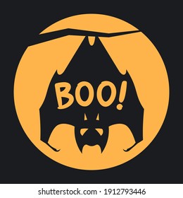 BOO Halloween Design With Full Moon And Bat Hanging On A Branch. Simple Vector Illustration In Flat Style